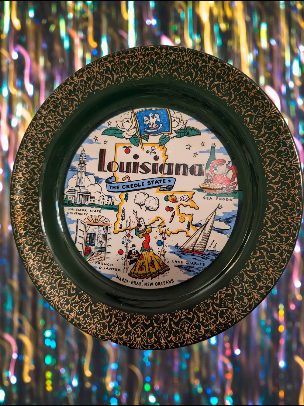 Vintage Homer Laughlin Louisiana Souvenir Decorative Plate - Green & Gold Trim